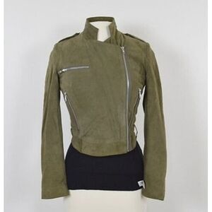 Whyred Suede Leather Moto Off Center Olive Green Zip Jacket Size 36
